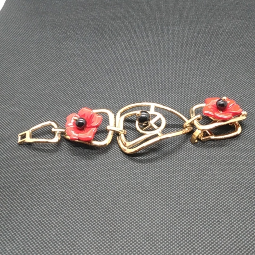 Vintage Stamped FL Gold-tone / Red flower Bracelet